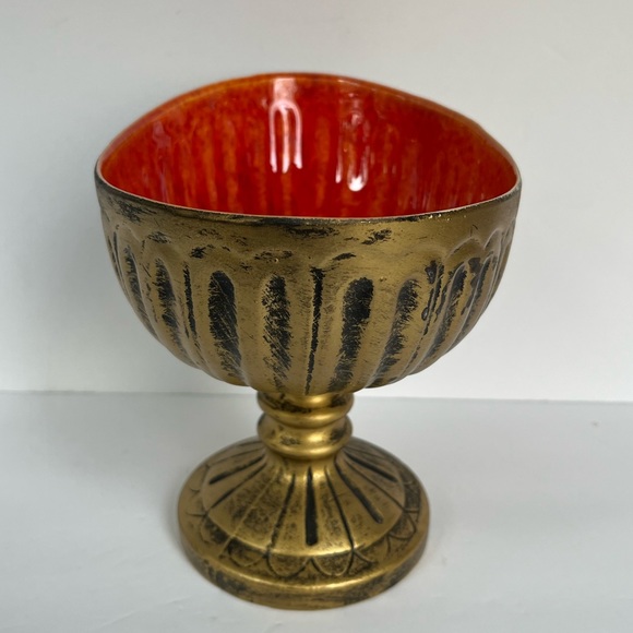 VTG 70s Pedestal Pottery Compote Orange Drip Glaze MCM Matte Gold Bowl Scarce - Picture 2 of 9
